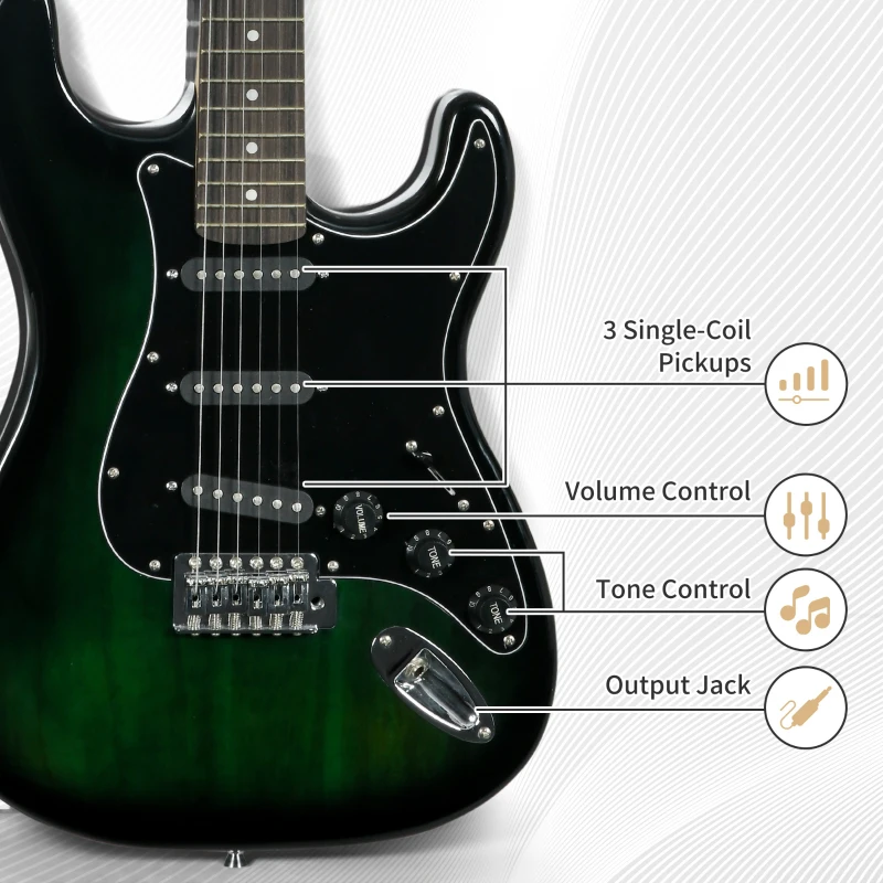 SPORTNOW Six-String Electric Guitar, with 15W Amplifier, Digital Turner, Picks, Shoulder Strap, Case Bag - Dark Green