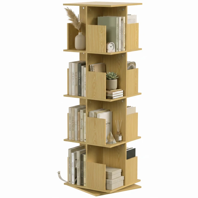 HOMCOM Drehbares Bücherregal mit 4 Ebenen, Aufbewahrungsregal mit 16 Fächern, 39 x 39 x 128,3 cm, Eiche