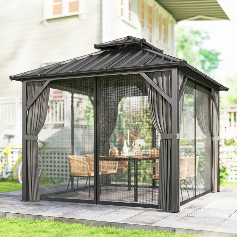 Outsunny Pavillon 3 x 3 m à toit rigide avec cadre en aluminium et toit double en acier galvanisé, gris foncé