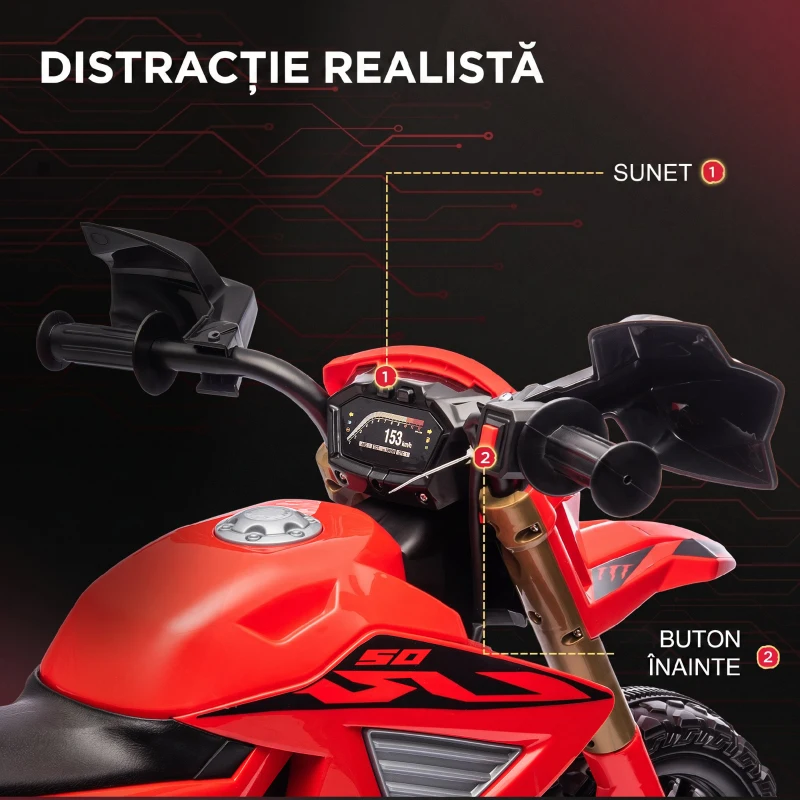 AIYAPLAY Motocicletă Electrică pentru Copii 3-8 Ani, 2 Motoare 12V, Roți Ajutătoare și Claxon, 3 Km/h, 30 Kg, Roșu