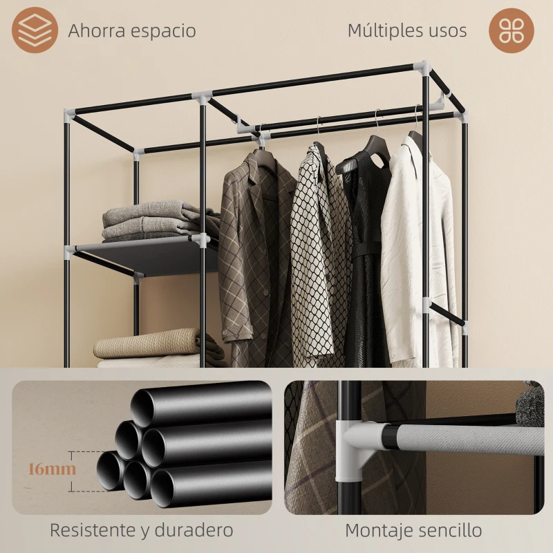 HOMCOM Armario de Tela con Ruedas Ropero Portátil con 6 Estantes y 1 Barra de Colgar para Dormitorio 103x43x162,5 cm Gris