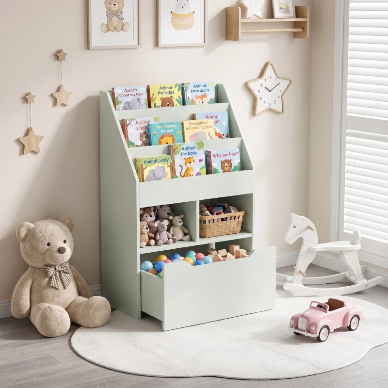 HOMCOM Piccola Libreria per Bambini con Ripiani e Cassetto in MDF, 60x29.9x90cm, Verde