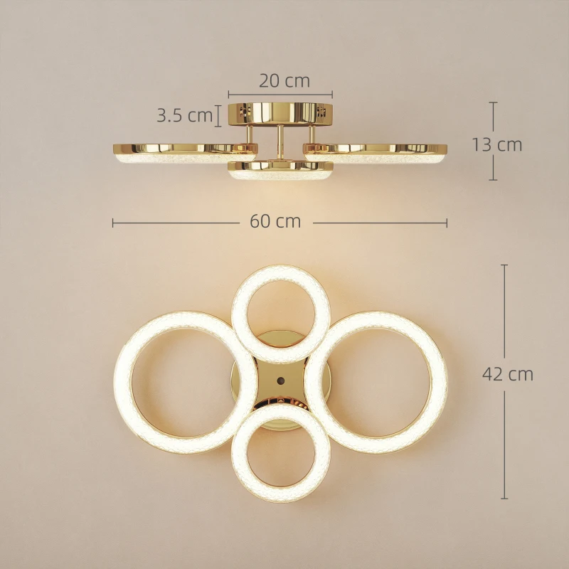 HOMCOM 4-Ring LED Ceiling Light, Flush Mount Ceiling Light with 3 Colour Temperatures, Gold Tone