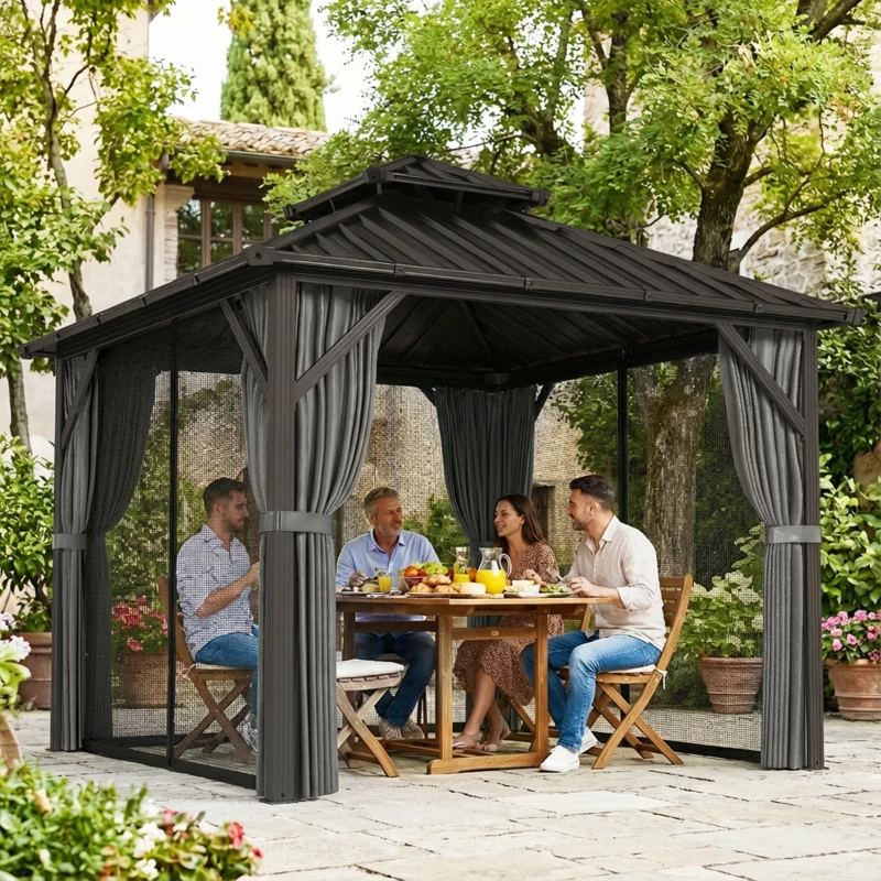 Outsunny Pavillon 3 x 3 m à toit rigide avec cadre en aluminium et toit double en acier galvanisé, gris foncé