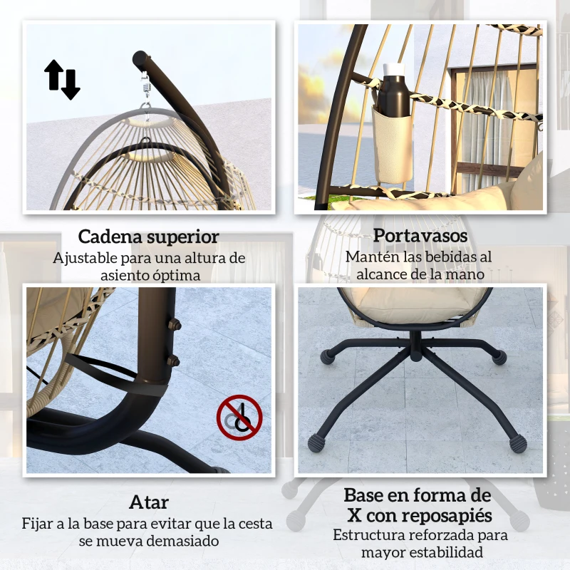 Outsunny Silla Colgante con Soporte Cesta Plegable Cojín y Reposacabezas para Interior y Exterior Carga 120 kg Caqui