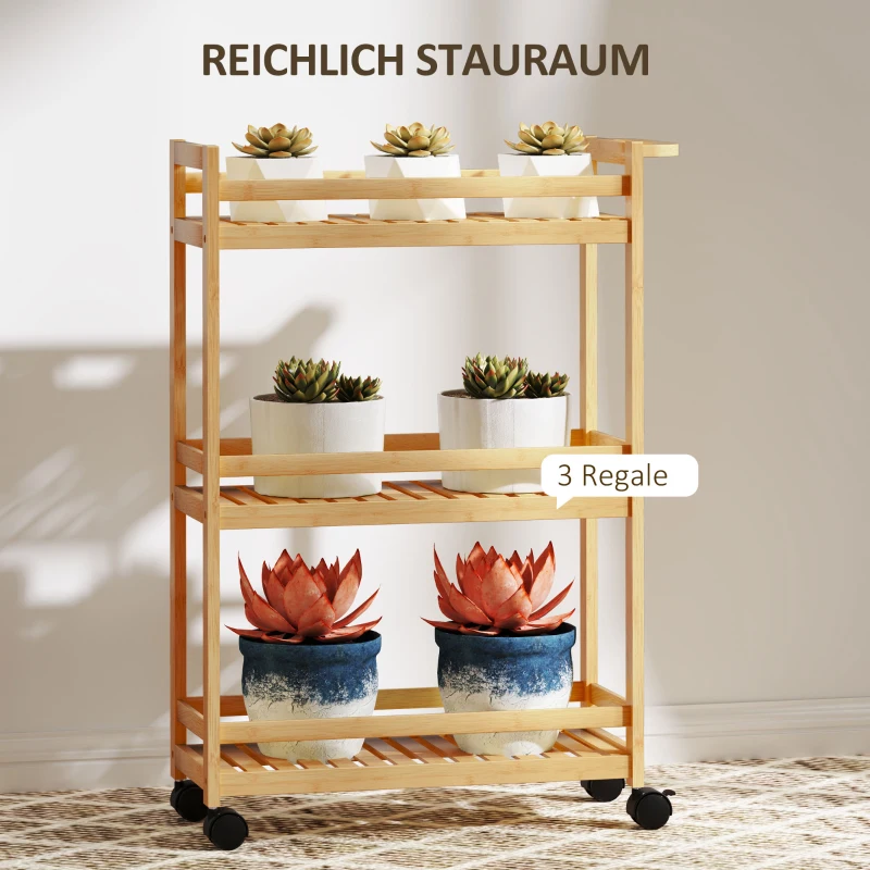 HOMCOM Serveerwagen, 3 lagen, lamellenplanken, valbescherming, bamboe, 55 x 20 x 75 cm