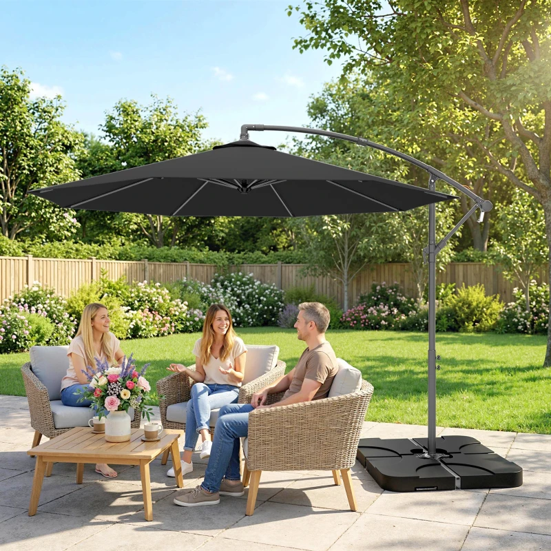 Outsunny 3m Overhanging Parasol, with Base, Weights and Cover - Black