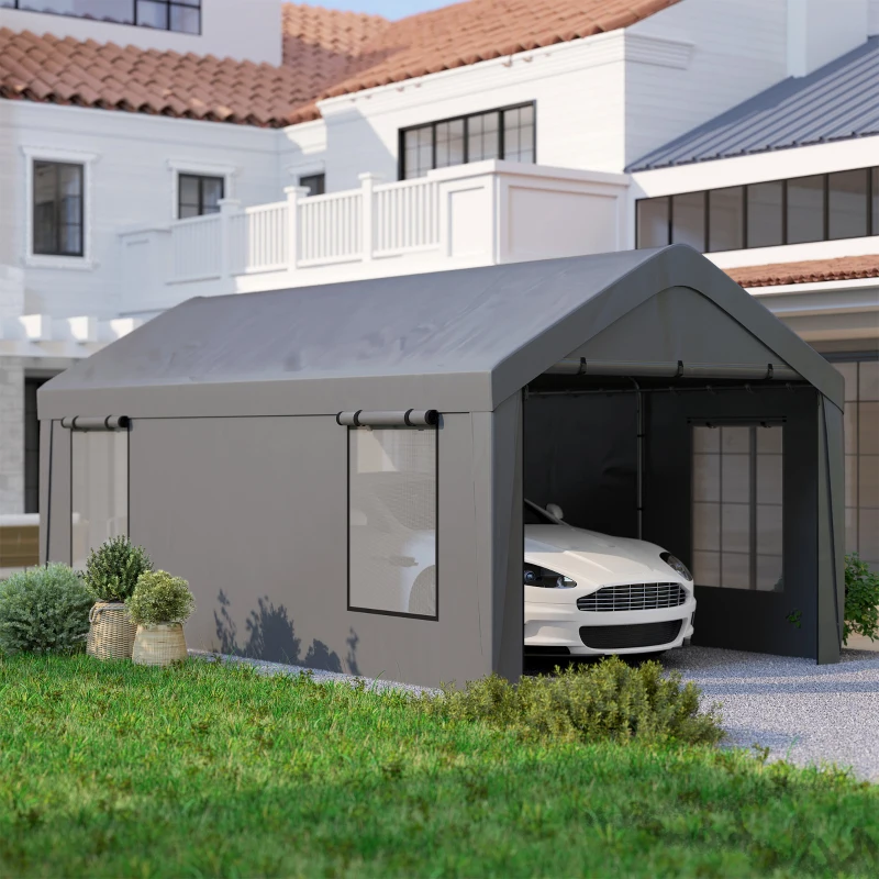 Outsunny Carport tente de garage 3 x 6 m avec parois latérales amovibles, 2 portes enroulables et 4 fenêtres, gris foncé