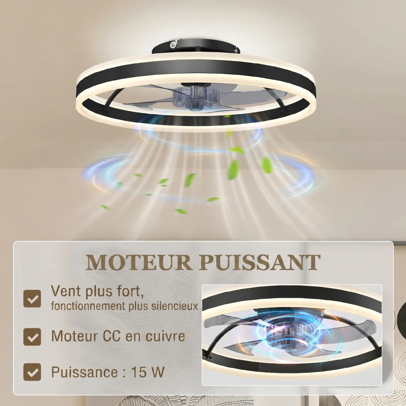 HOMCOM Ventilateur de plafond avec lumière et télécommande, plafonnier ventilateur 50 cm avec 6 vitesses, noir