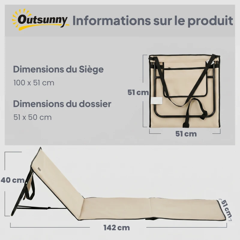 Outsunny Lot de 2 tapis de plage rembourré dossier inclinable multi-positions acier polyester beige