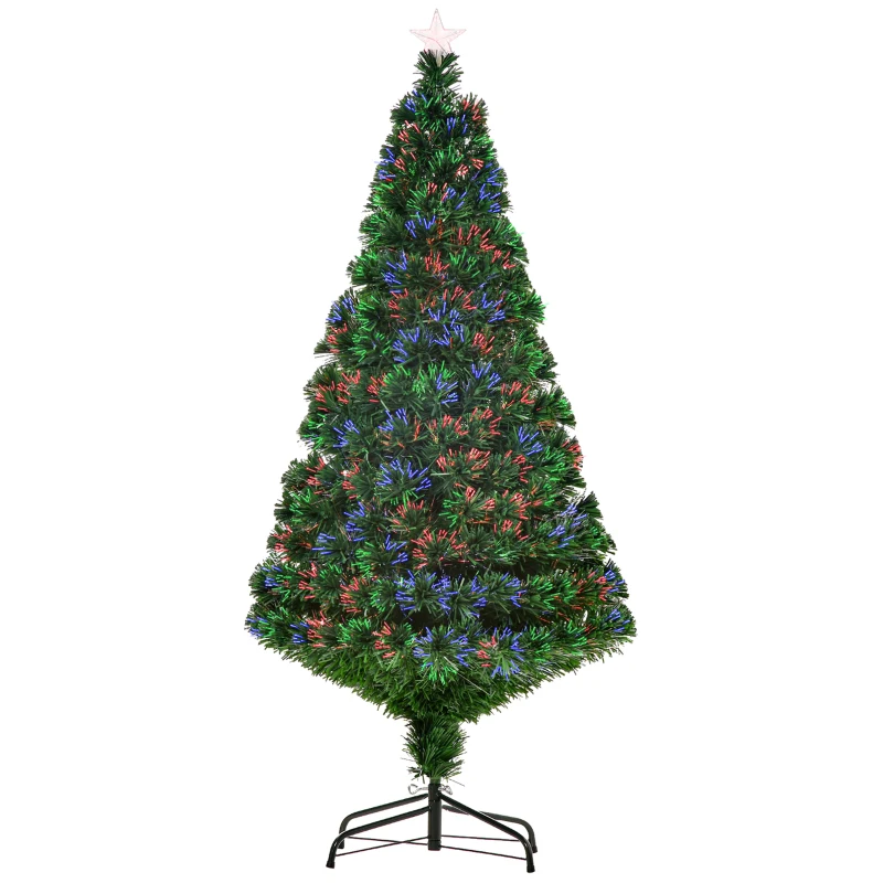 HOMCOM Sapin de Noël Artificiel Lumineux 150H cm Fibre Optique Multicolore + Support Pied 180 Branches étoile Sommet Brillante Vert