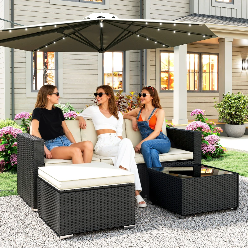 Outsunny Conjunto de Muebles de Ratán de Jardín Sofá de 3 Plazas Taburete y Mesa de Centro con Encimera de Cristal Negro