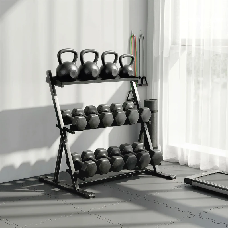 SPORTNOW Support pour haltères à 3 niveaux, support de poids réglable en acier pour haltères, kettlebells, noir