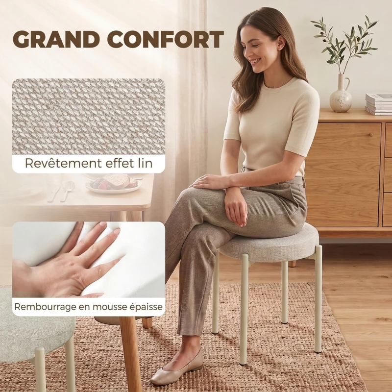 HOMCOM Lot de 4 Tabourets Empilables Ronds avec Assise Rembourrée, sans Dossier, Gain de Place, 45 x 45 x 47,5 cm, Crème