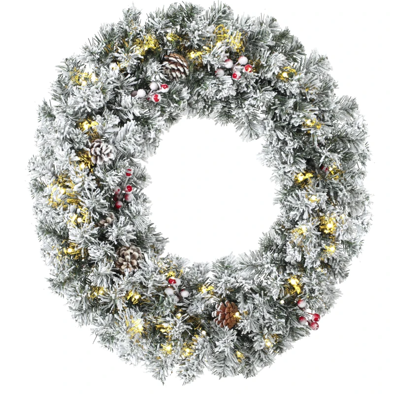 HOMCOM Guirlande de Noël enneigée de 60 cm avec LED, nœud écossais, branches, pommes de pin, baies, Vert