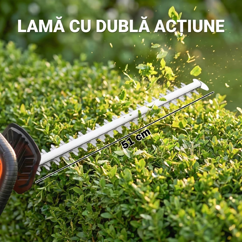 Outsunny Foarfecă de Tuns Gard Viu pe Baterie 18V, cu Baterie de 2Ah, Încărcător, Lamă Dublă de 51cm pentru Crengi, Arbuști și Ramuri, Portocaliu