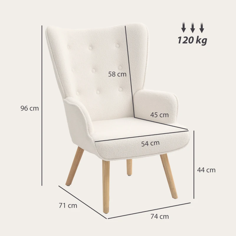 HOMCOM Fauteuil de salon en tissu bouclette, fauteuil capitonné et rembourré avec pieds en bois, 71 x 74 x 96 cm, beige