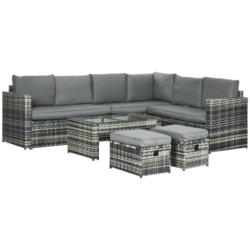 Outsunny 6 Piece Rattan Garden Furniture Set - 8-Seater Outdoor Sofa Sectional with 3 Loveseat Wicker Sofa, Cushions, 2 Footstools, and Glass Table for Yard, Poolside, Grey