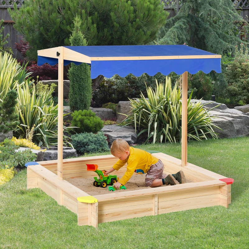 Outsunny Sandpit, Kids Wooden Sandbox with Adjustable Canopy, Bench Seats & Protective Corners for 3-6 Years Boys Girls, 120x120x120cm