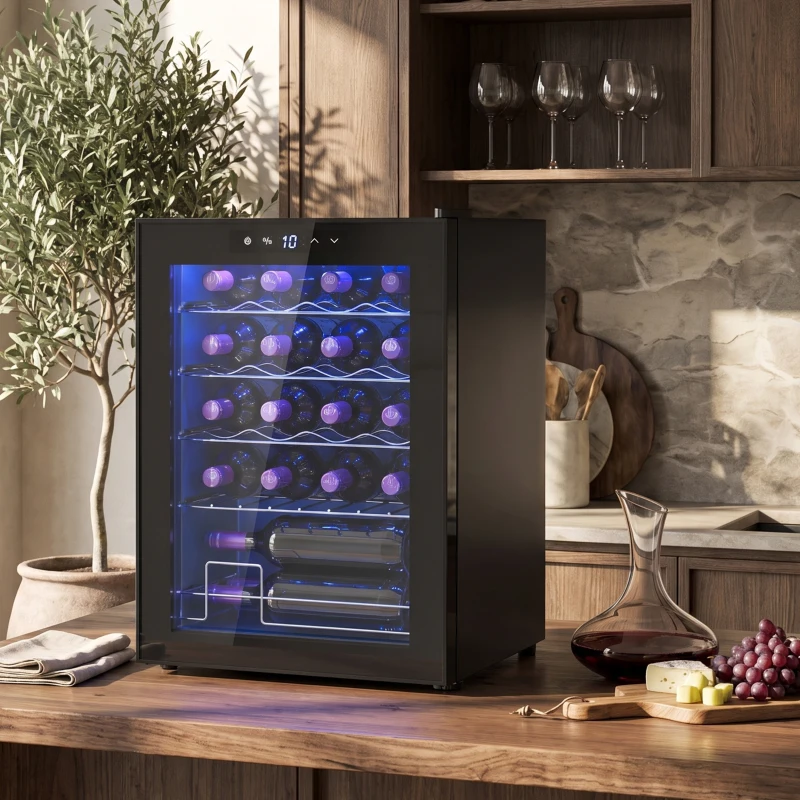 HOMCOM Kleiner Weinkühlschrank, Mini-Kühlschrank für 20 Flaschen, 53 Liter Kapazität, mit Glastür, LED-Beleuchtung, Schwarz(m-9)