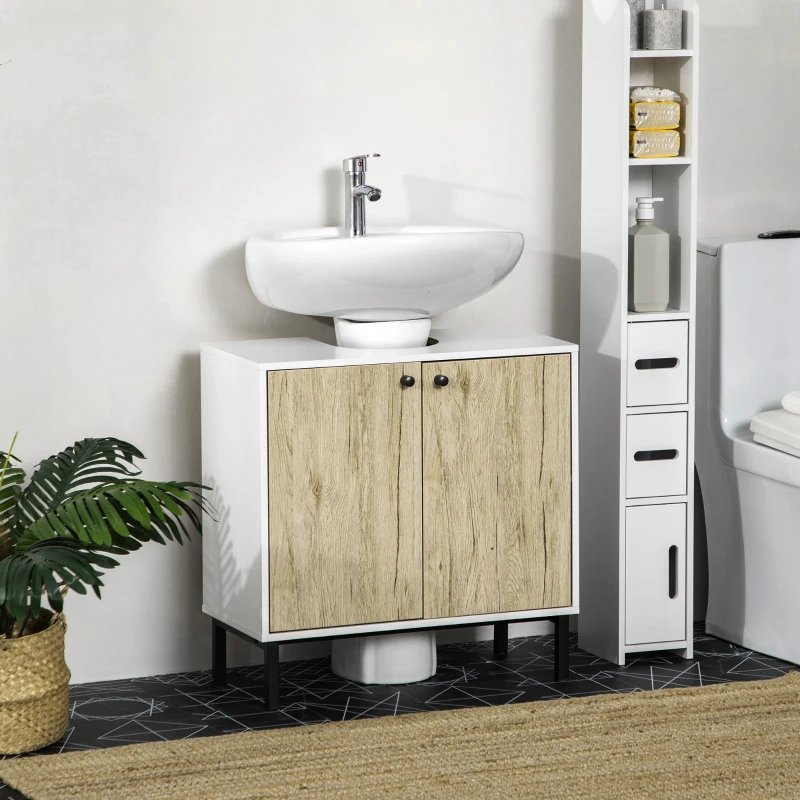 kleankin Meuble sous lavabo moderne piètement en métal double porte 60 x 30 x 60 cm - blanc et couleur bois