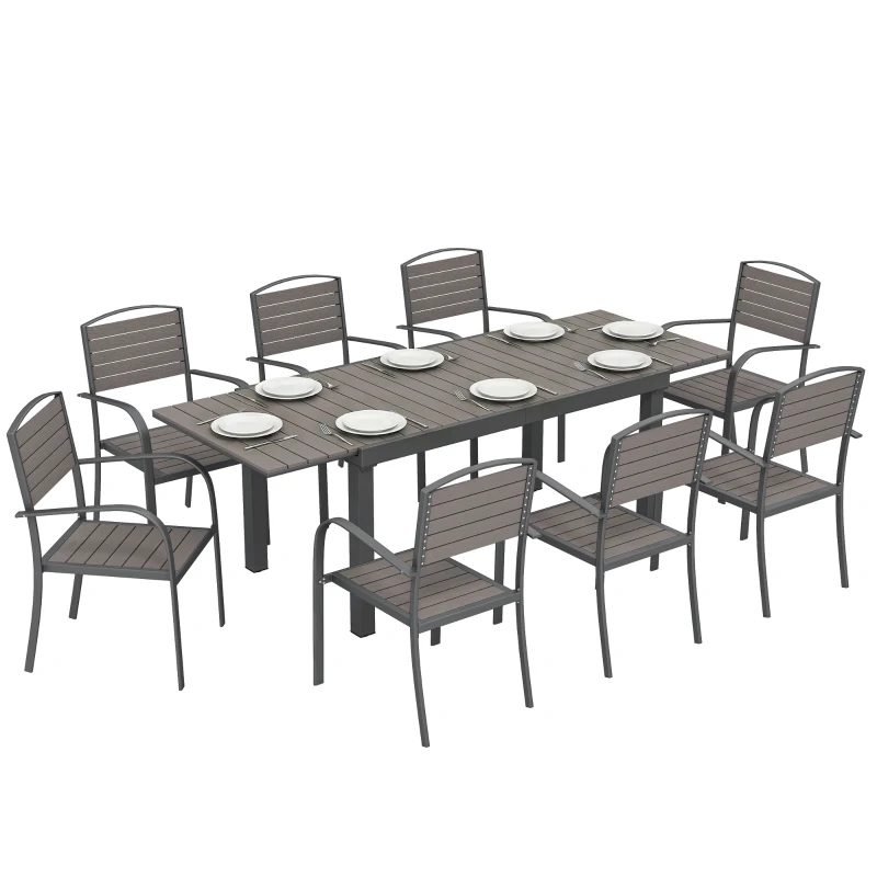 Outsunny Salon de Jardin 8 Personnes Table de Jardin Extensible 150-225cm avec Plateau Polybois et 8 Chaises Empilables Alu. Gris