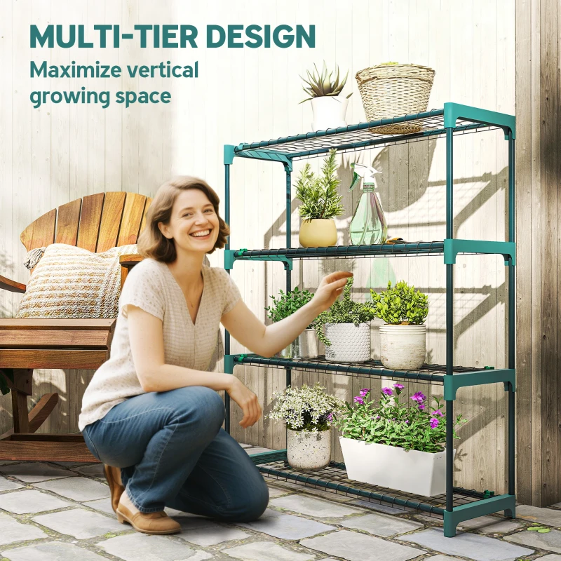 Outsunny 4-Tier Plant Stand Indoor Outdoor, Set of 2 Metal Plant Shelf with Rack Buckles for Easy Assembly, Flower Display Rack