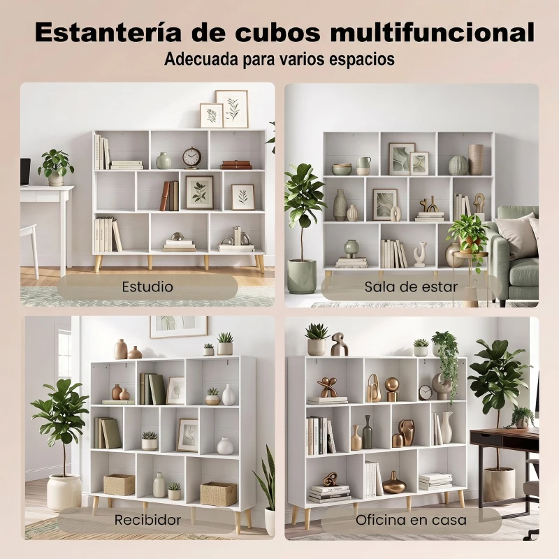 HOMCOM Librería de 3 Niveles con 10 Cubos Patas de Madera Maciza 140x24x107 cm Blanco