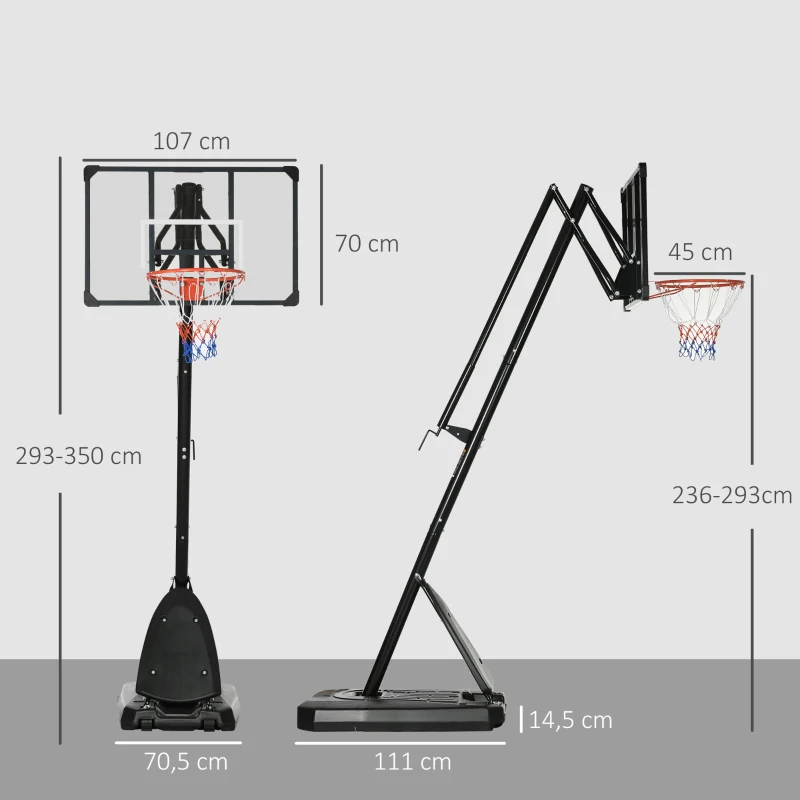 SPORTNOW Panier de basket extérieur, hauteur réglable 236-293 cm, stable, roulettes et support balon(m-3)