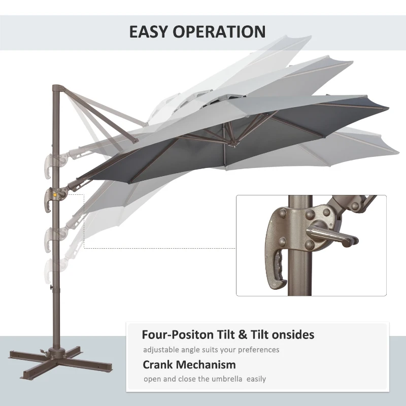 Outsunny 3(m) Cantilever Parasol with 360° Rotation Roma Umbrella, Hanging Sun Shade with Aluminium Frame, Tilt Crank, 8 Ribs and Cross Base, Dark Grey