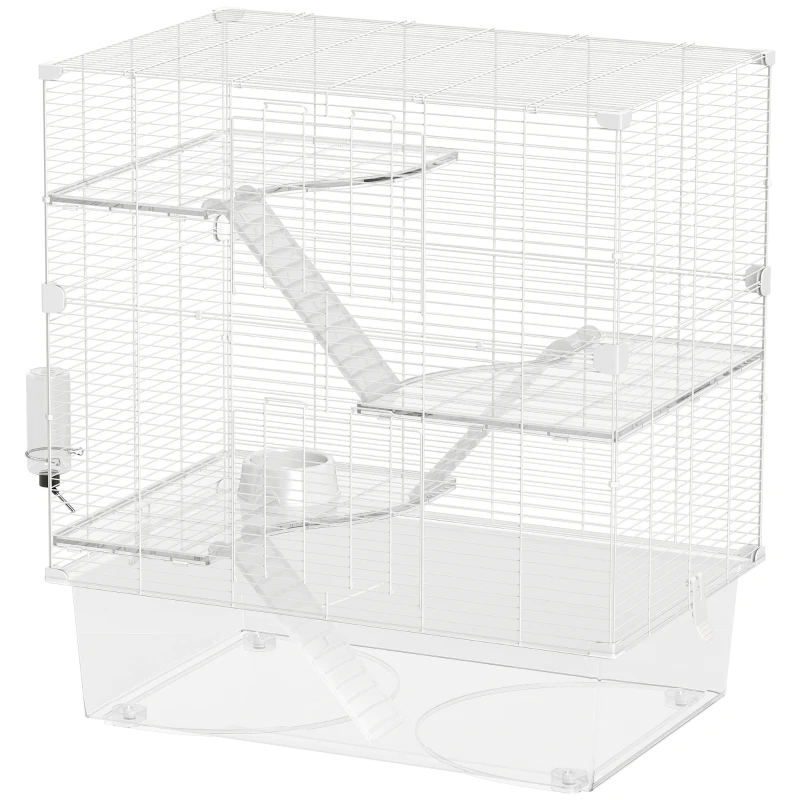 PawHut Cușcă pentru rozătoare pe mai multe niveluri cu accesorii incluse, din oțel, PET și PS, 73x47x80 cm, alb