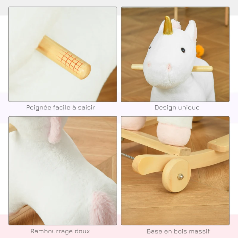 HOMCOM Cheval à bascule enfant en bois avec roues utilisation 2 en 1 pour petits enfants effet sonore 63 x 38 x 63 cm blanc