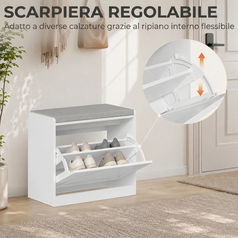 HOMCOM Panca Scarpiera Salvaspazio con Seduta Imbottita e Anta a Ribalta, 60x30x52 cm, Bianco