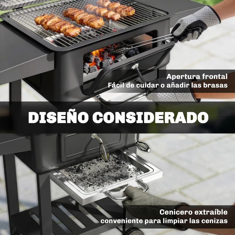 Outsunny Barbacoa de Carbón con Bandeja y Ventilación Ajustable Estantes Laterales Ruedas Termómetro Tapa y Puerta