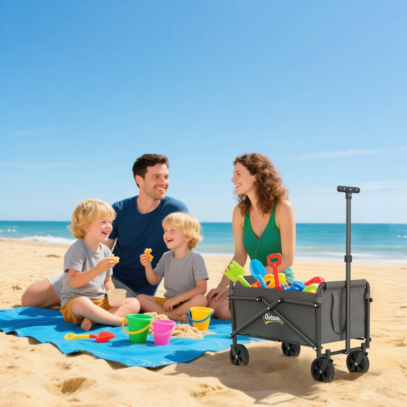 Outsunny 62L Festival Trolley on Wheels, Portable Small Folding Trolley Cart, 60kg Heavy Duty Collapsible Foldable Wagon with Adjustable Handle and Carrying Bag for Beach, Camping, Garden, Grey