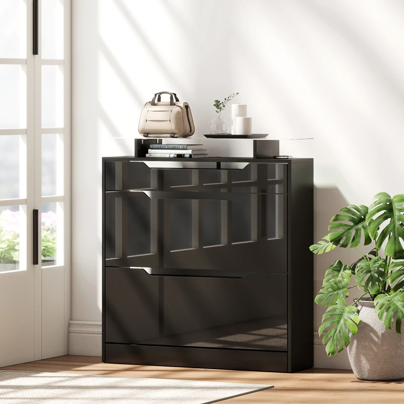 HOMCOM Shoe Storage Cabinet with Slide Out Drawer, 2 Flip Doors, Tempered Glass Top - Black