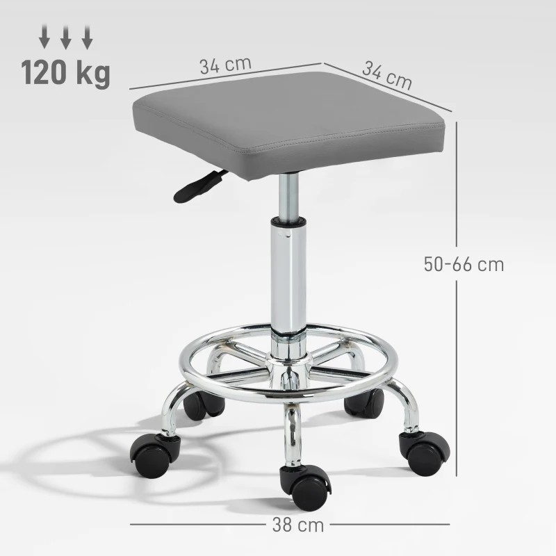 HOMCOM Taburete Giratorio Ajustable Con Asiento Acolchado Reposapiés y Ruedas para Salones y Talleres 34x34x50-66 cm Gris