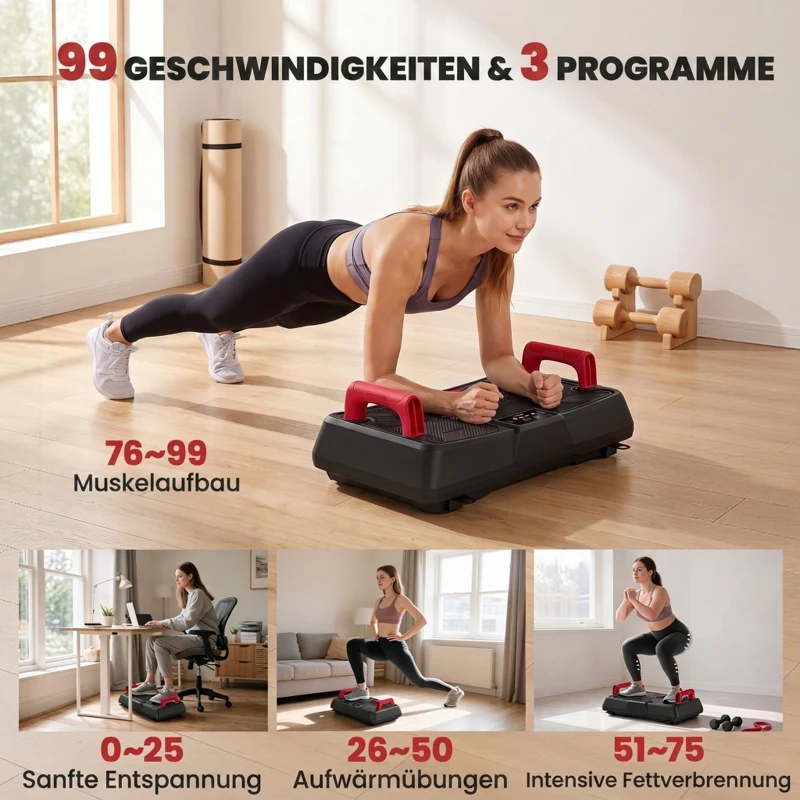 SPORTNOW Vibratieplaat met zitting, stil, 99 snelheden, 3 programma’s, verstelbare en afneembare grepen