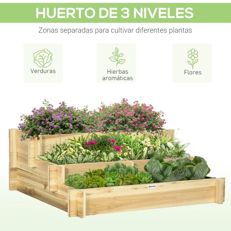 Outsunny Arriate de Jardín de 3 Niveles con Diseño de Escalera y Tela no Tejida para Cultivos Plantas Flores 93x93x35 cm Natural