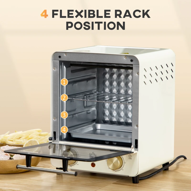 HOMCOM 15 Litres Electric Oven, Convection Mini Oven and Grill with 60-230℃ Temperature, Timer, Include Baking Tray, Wire Rack and Crumb Tray, 1000W, Cream White