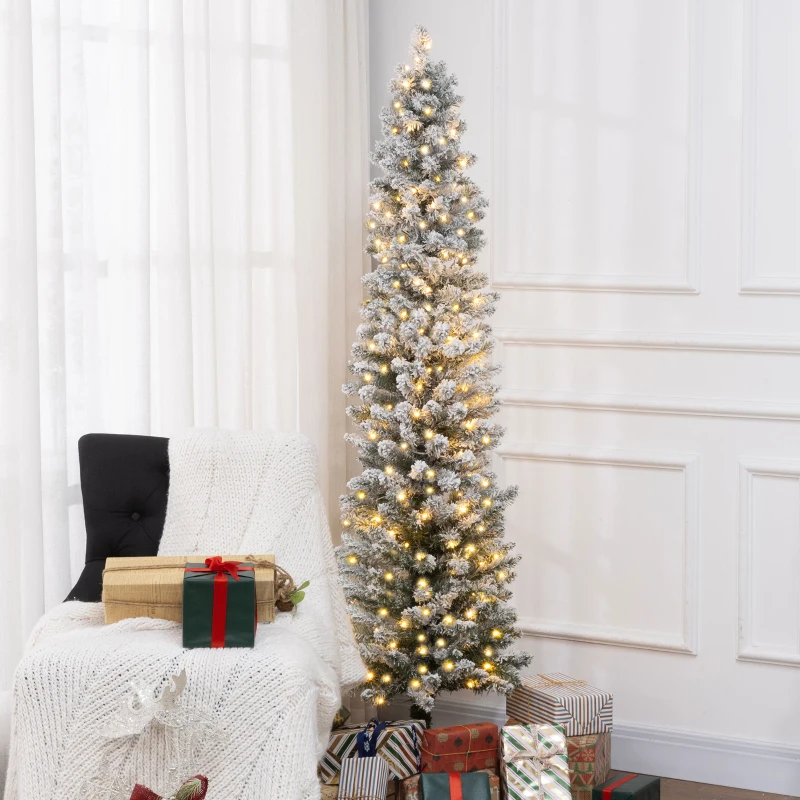 HOMCOM Sapin de Noël artificiel 180 cm avec éclairage LED blanc chaud, 329 branches enneigées, base en métal, réaliste et fin