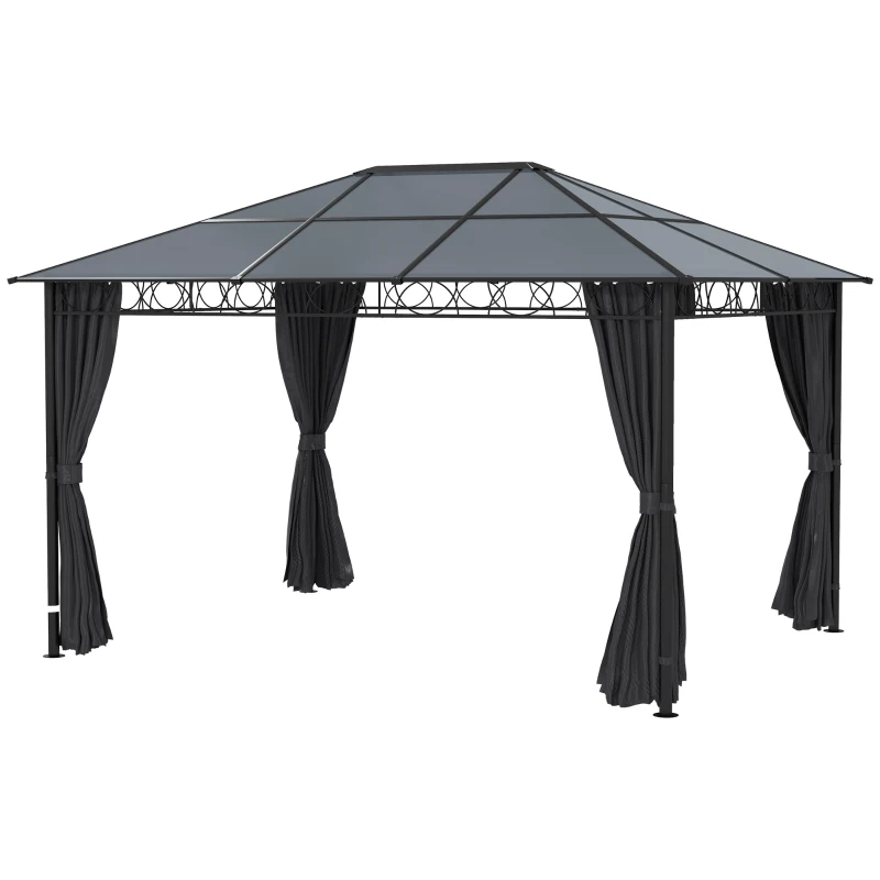 Outsunny Hardtop Gazebo Garden Pavilion w/ UV Resistant Polycarbonate Roof, Curtains, Steel & Aluminium Frame, 3 x 4(m), Grey