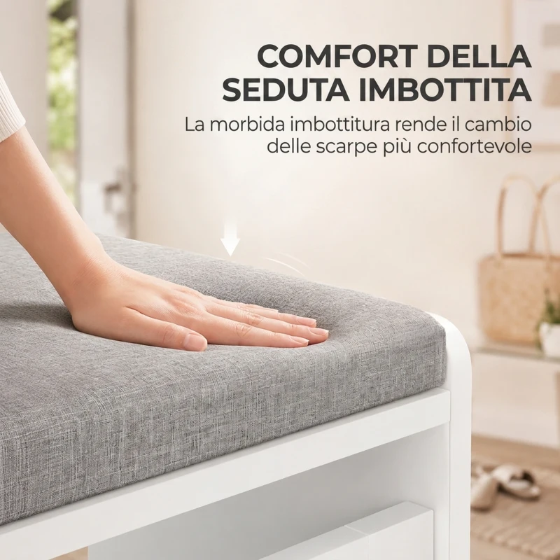 HOMCOM Panca Scarpiera Salvaspazio con Seduta Imbottita e Anta a Ribalta, 60x30x52 cm, Bianco