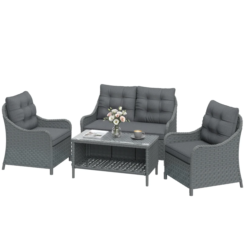 Outsunny 4-Piece Wicker Patio Furniture Set with 2 Armchairs, Loveseat, Glass Coffee Table, Conversation Sofa Set, Dark Grey
