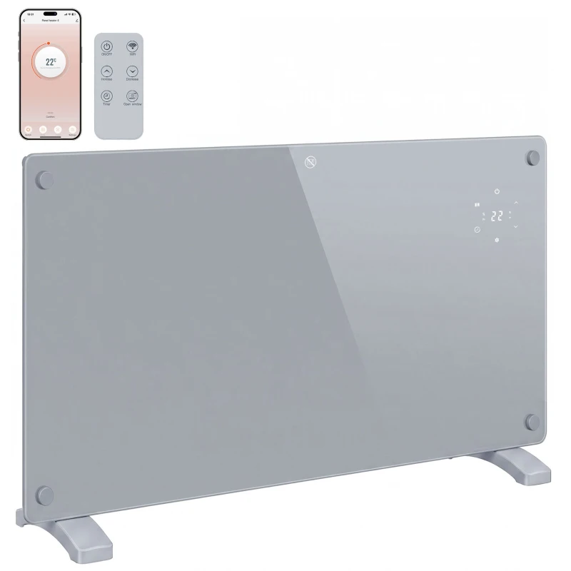 HOMCOM 1500W Smart Panel Heater Wall Mounted & Freestanding, Electric Heater with Weekly Timer, Open Window & Anti-Frost, Grey