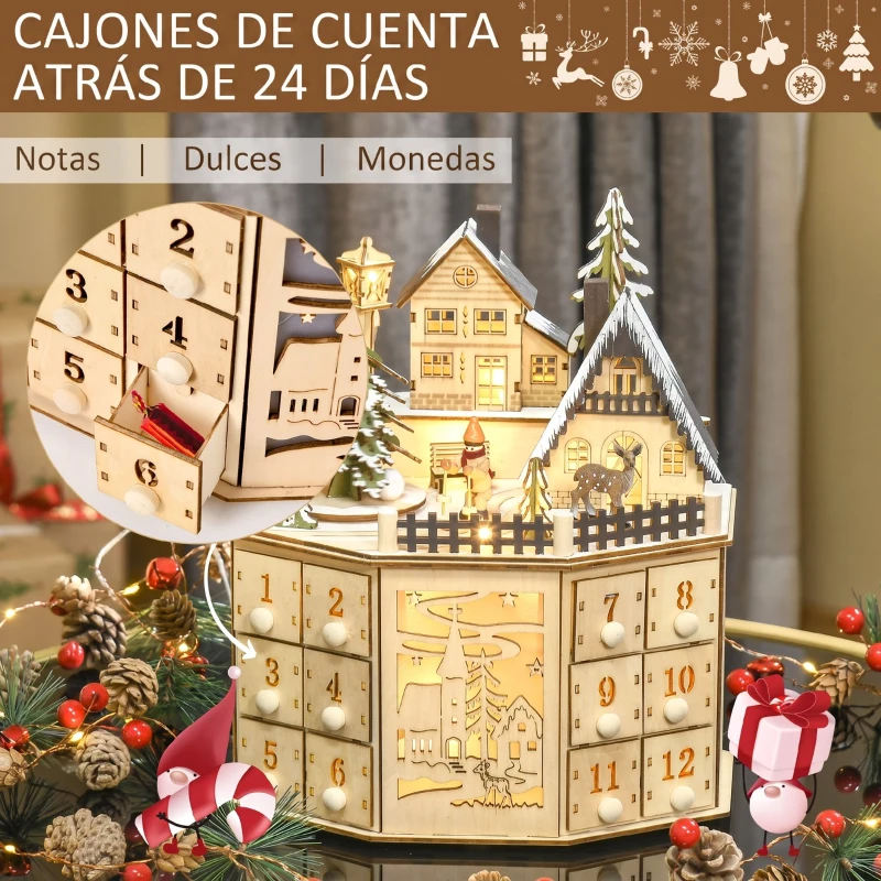 HOMCOM Calendario de Adviento de Navidad de Madera Reutilizable con Luces LED 24 Cajones Escena de Pueblo 25x20x29 cm Natural