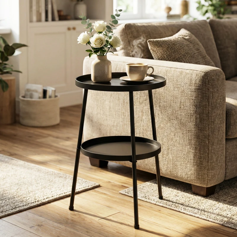 Outsunny Patio Side Table, 2-Tier Round Coffee End Table for Garden Balcony Living Room Bedroom, Black
