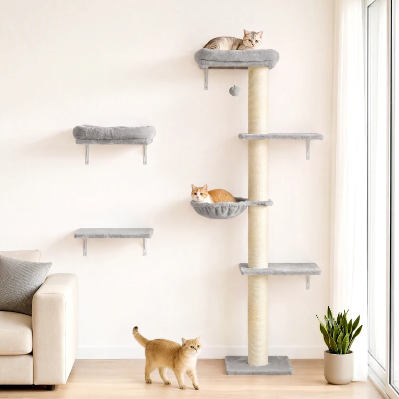 PawHut Mur d'escalade pour chats, Set de 3 pièces d'escalade mural pour chats, éléments muraux pour chats avec arbre à griffer, plateformes et hamac