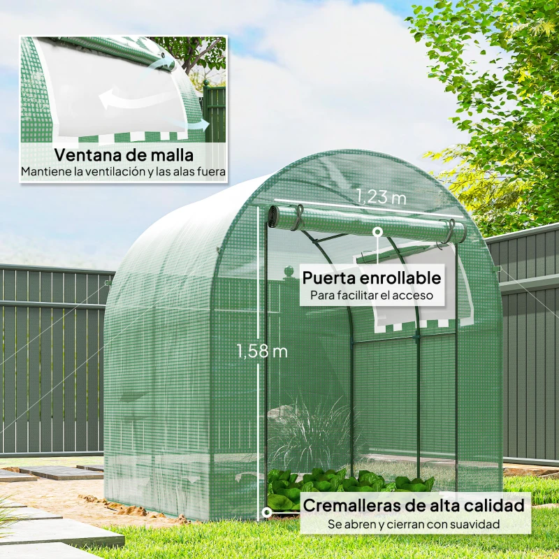 Outsunny Invernadero de Jardín 180x180x200 cm Invernadero de Túnel Pequeño con Puerta Enrollable y Ventana de Malla Verde
