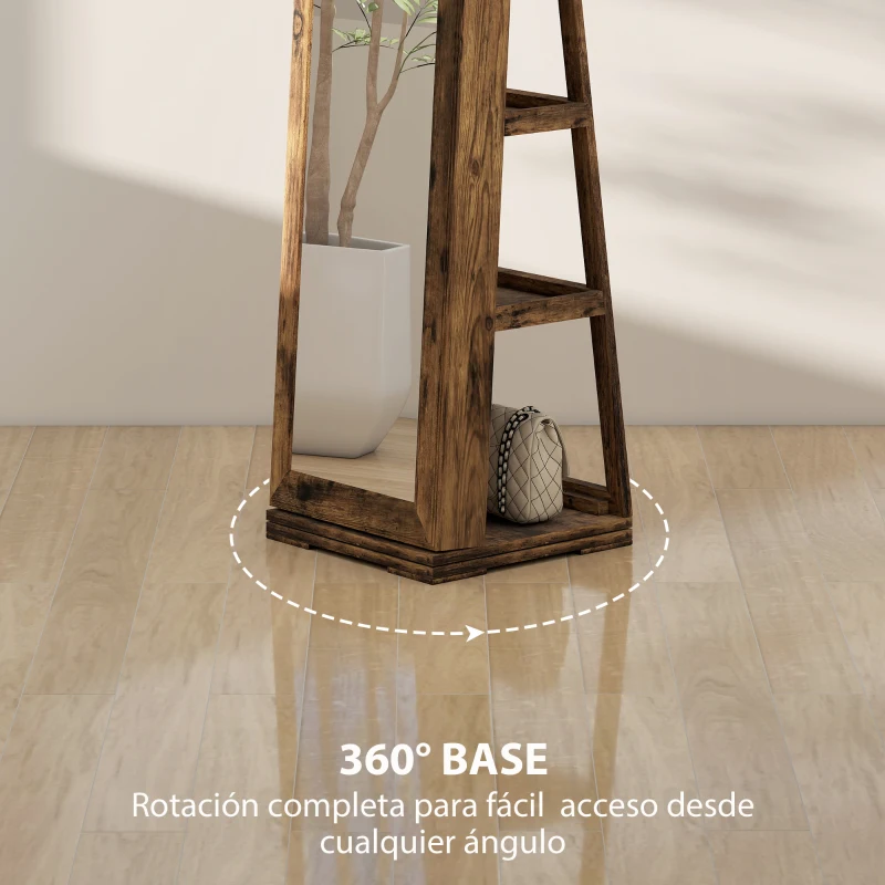 HOMCOM Espejo Joyero Giratorio 360° Armario para Joyas con Cerradura y Espejo Pequeño Incorporado 38x38x160 cm Marrón Rústico